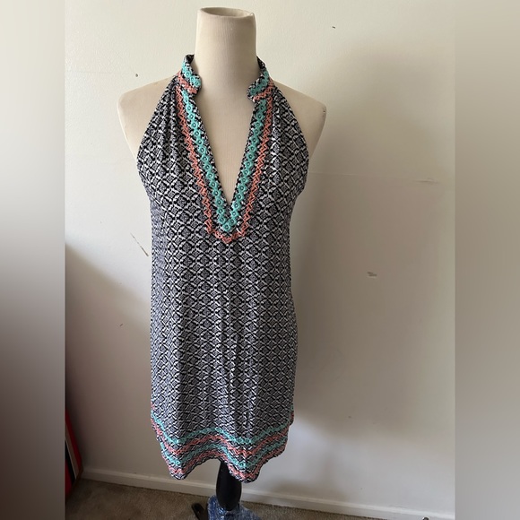 THML women’s large artsy leaf print bohemian embroidered accented shift dress - Picture 2 of 10